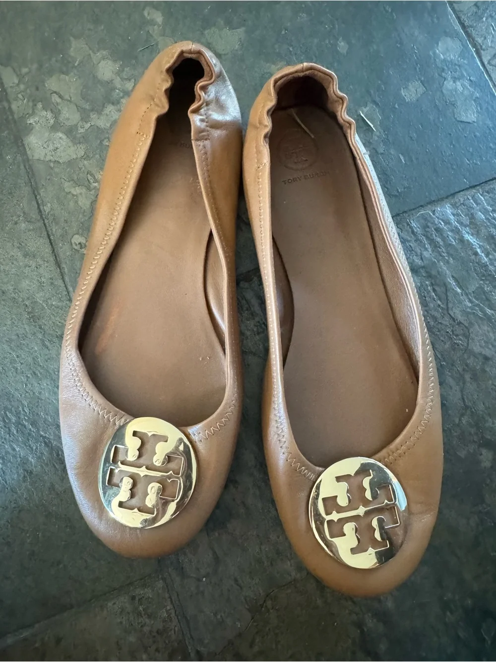 Tory Burch Tan Leather Logo Ballet Flats